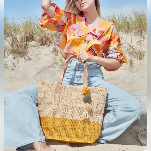 NWT Mar Y Sol Montauk Straw Large Tote in Sunflower - Picture 2 of 13